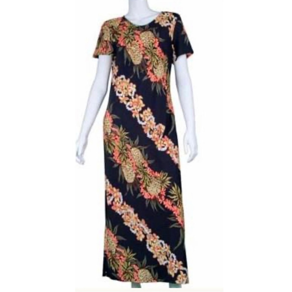 Hilo Hattie Hawaiian Pineapple Print Floral Maxi Dress Sz M Made in Hawaii Luau